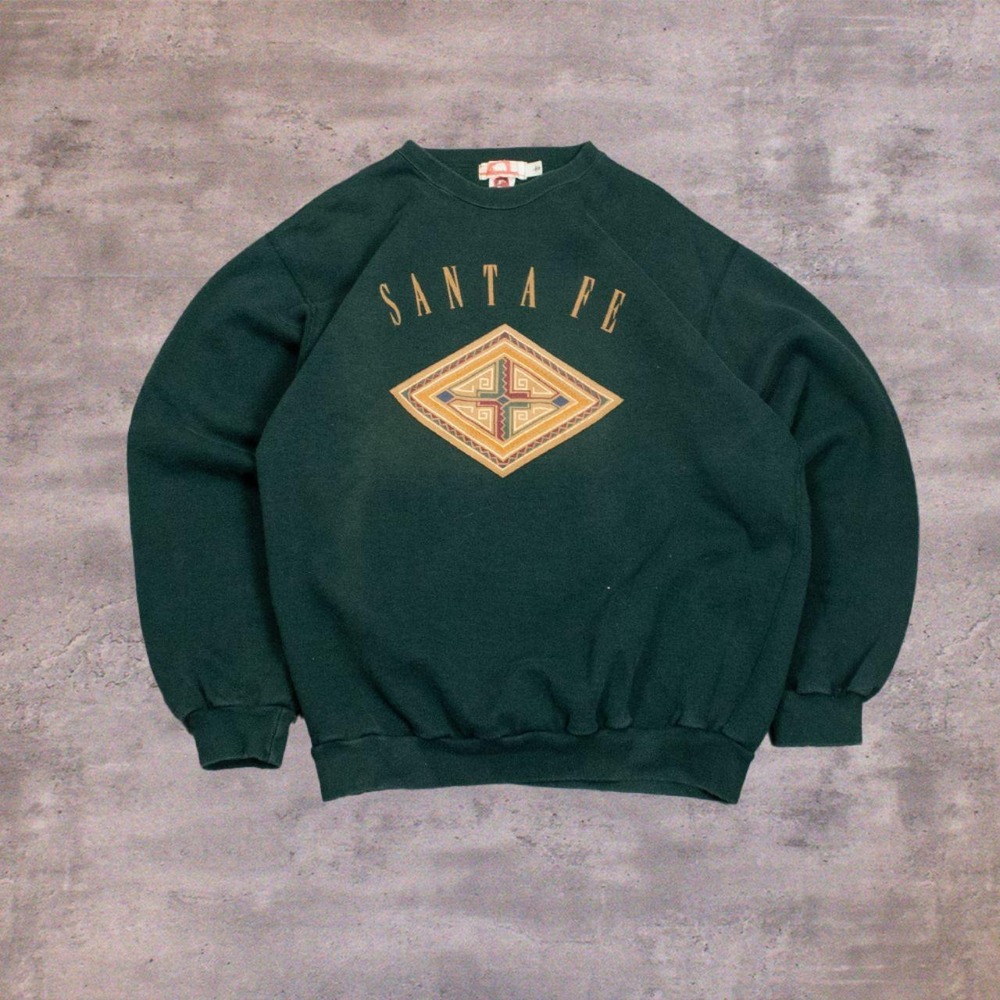 Vintage VTG 1990's 90's Sante Fe Forest Green Aztex Print Crewneck Sweater